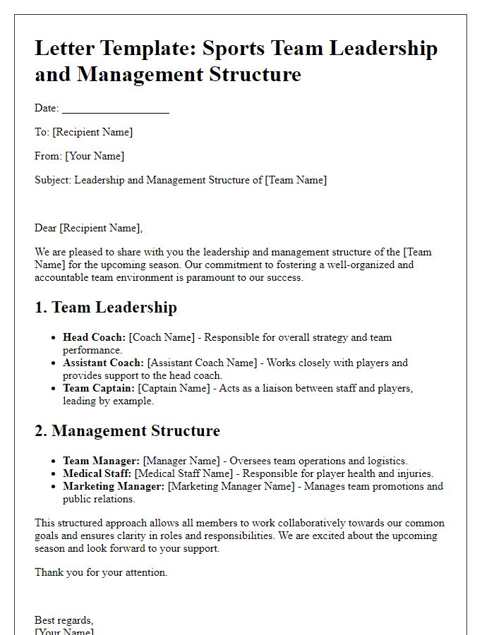 Letter template of sports team leadership and management structure