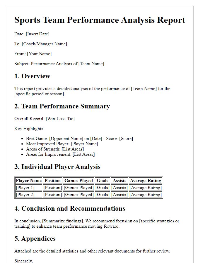 Letter template of sports team performance analysis report