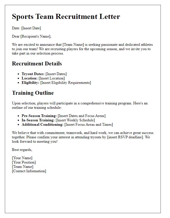 Letter template of sports team recruitment and training outline