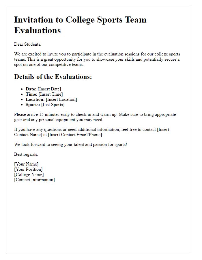 Letter template of invitation for college sports team evaluations.