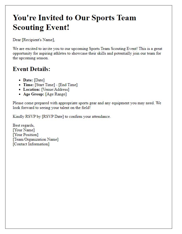 Letter template of invitation for sports team scouting event.