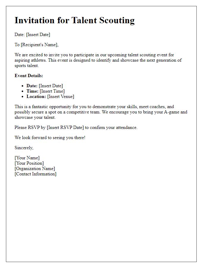 Letter template of invitation for talent scouting in sports.