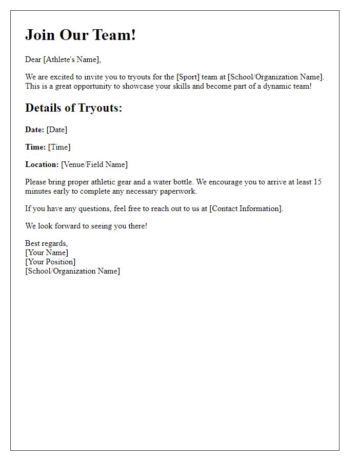 Letter template of recruitment invitation for sports team tryouts.