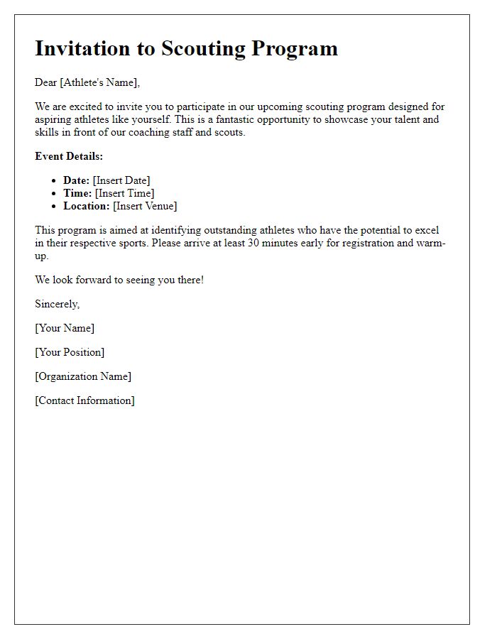 Letter template of scouting invitation for aspiring athletes.