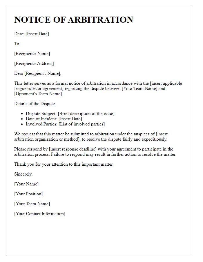 Letter template of sports team arbitration notice