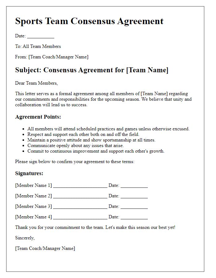 Letter template of sports team consensus agreement