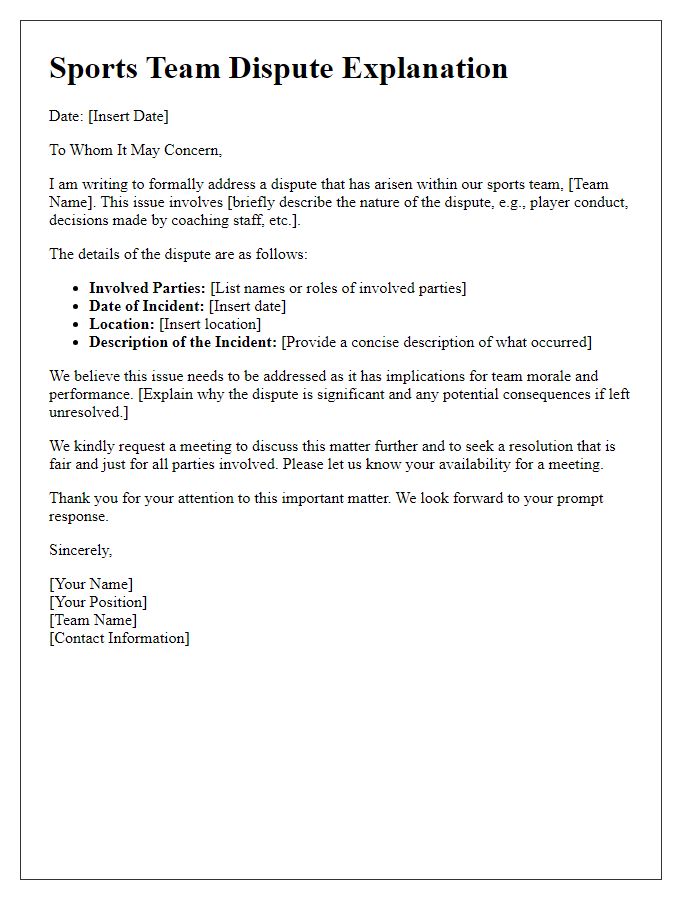 Letter template of sports team dispute explanation