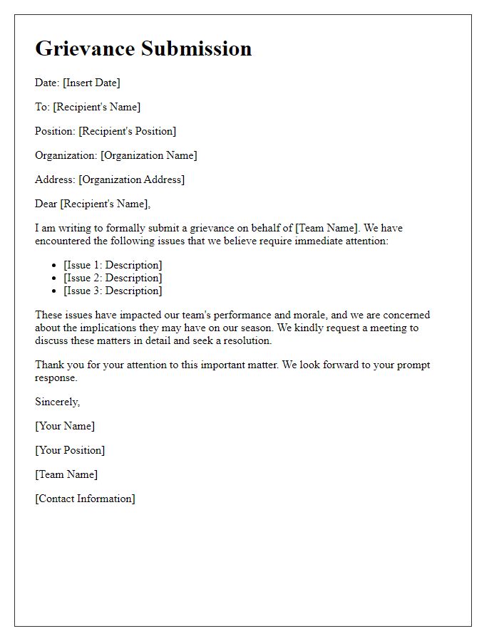 Letter template of sports team grievance submission