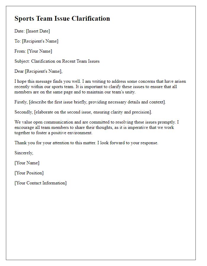 Letter template of sports team issue clarification