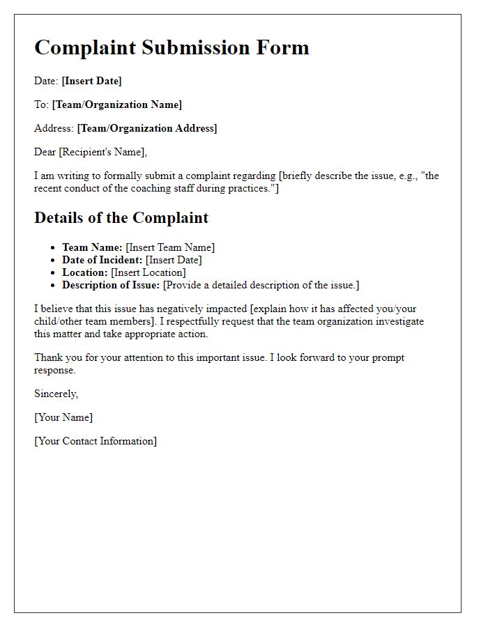 Letter template of sports team complaint submission