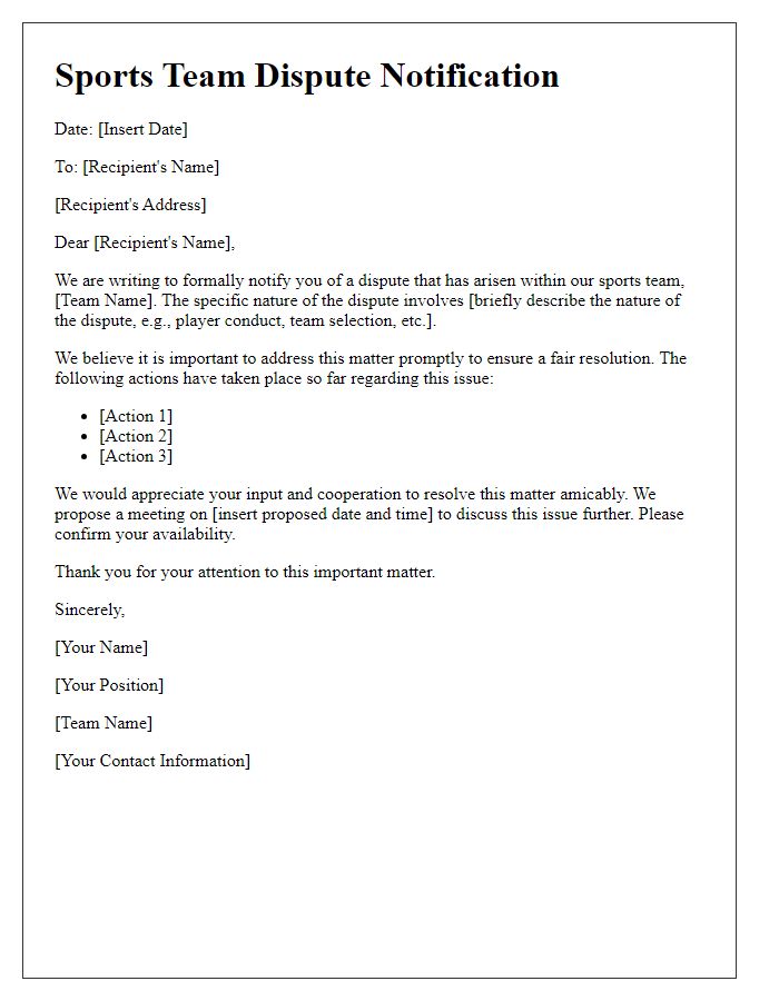 Letter template of sports team dispute notification