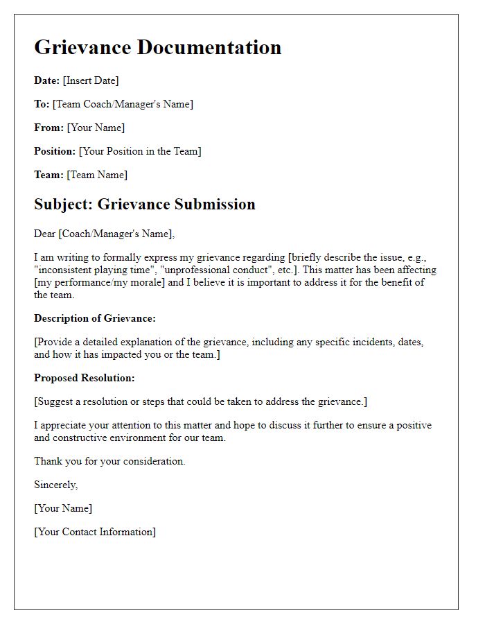 Letter template of sports team grievance documentation