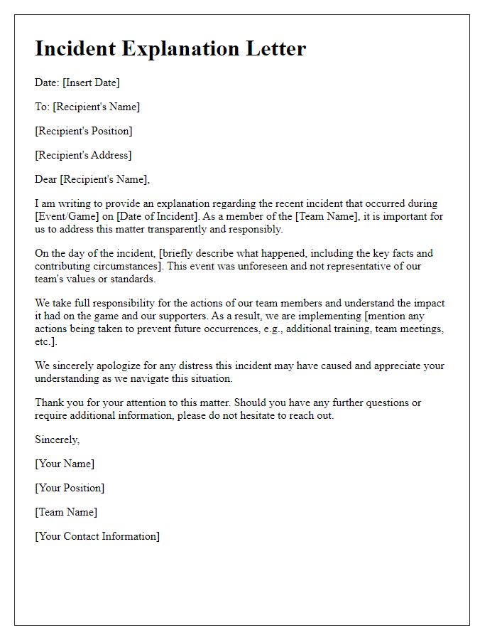 Letter template of sports team incident explanation