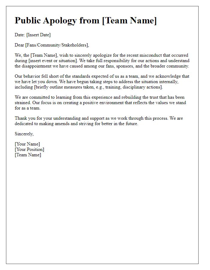 Letter template of public apology for sports team misconduct