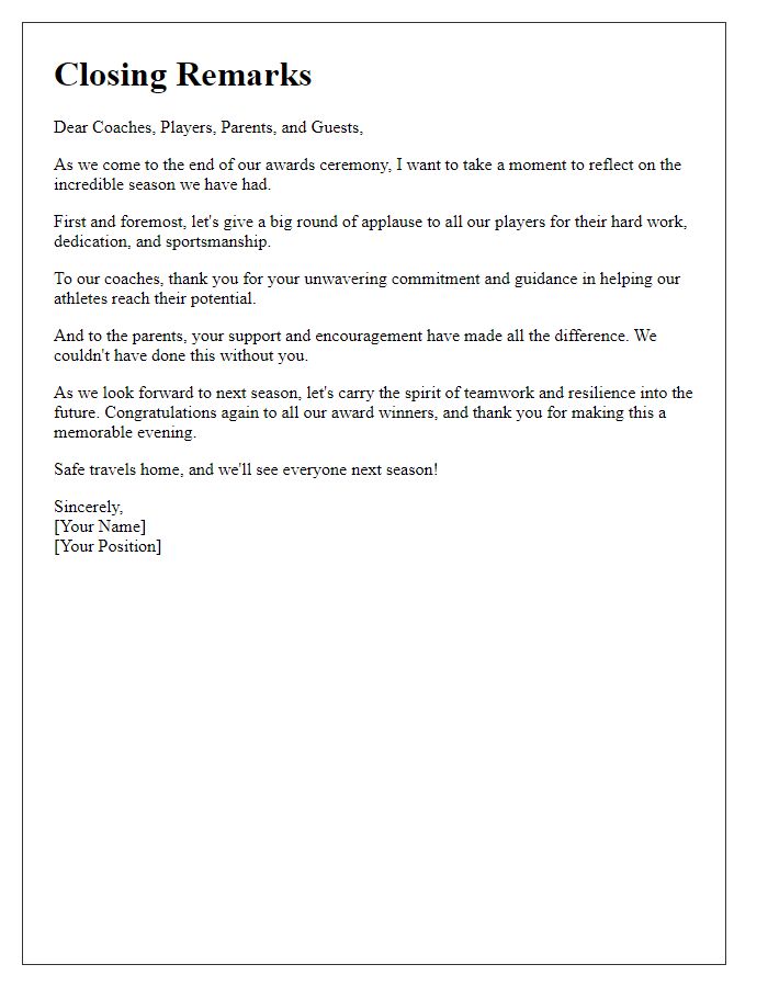 Letter template of closing remarks for sports team awards ceremony