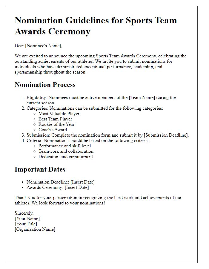 Letter template of nomination guidelines for sports team awards ceremony