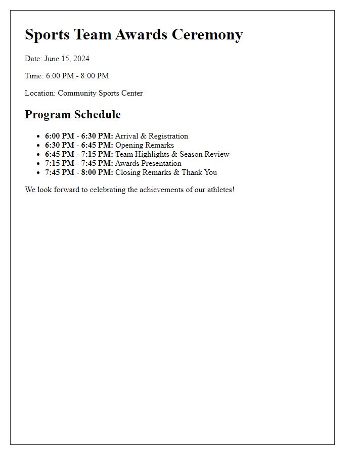 Letter template of program schedule for sports team awards ceremony