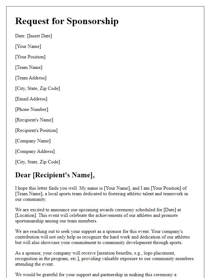 Letter template of sponsorship request for sports team awards ceremony