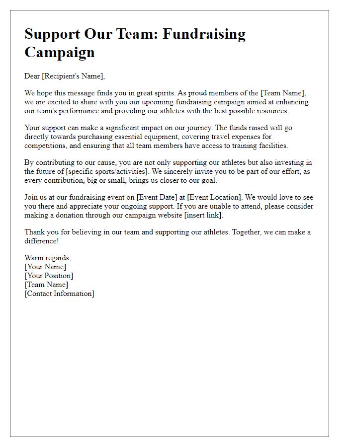 Letter template of sports team leadership fundraising campaign