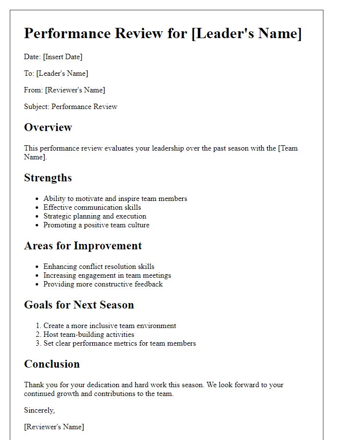 Letter template of sports team leadership performance review