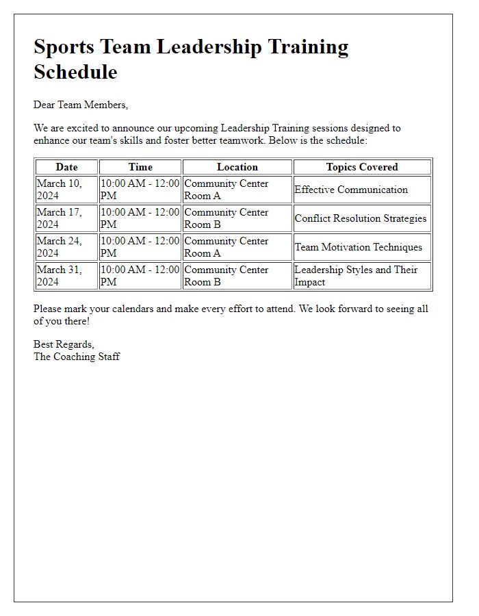 Letter template of sports team leadership training schedule