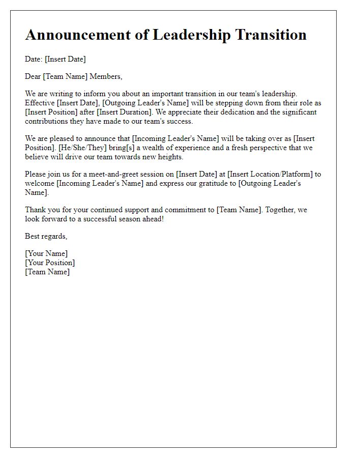 Letter template of sports team leadership transition announcement