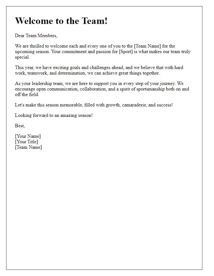 Letter template of sports team leadership welcome message