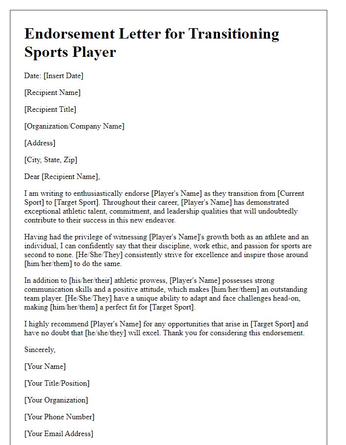 Letter template of endorsement for transitioning sports player