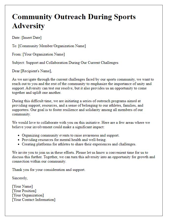 Letter template of community outreach during sports adversity