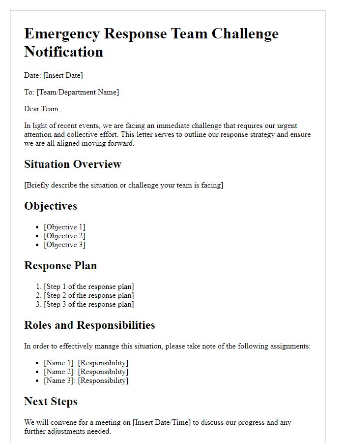 Letter template of emergency response for team challenges