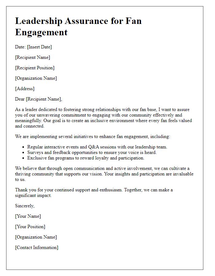 Letter template of leadership assurance for fan engagement