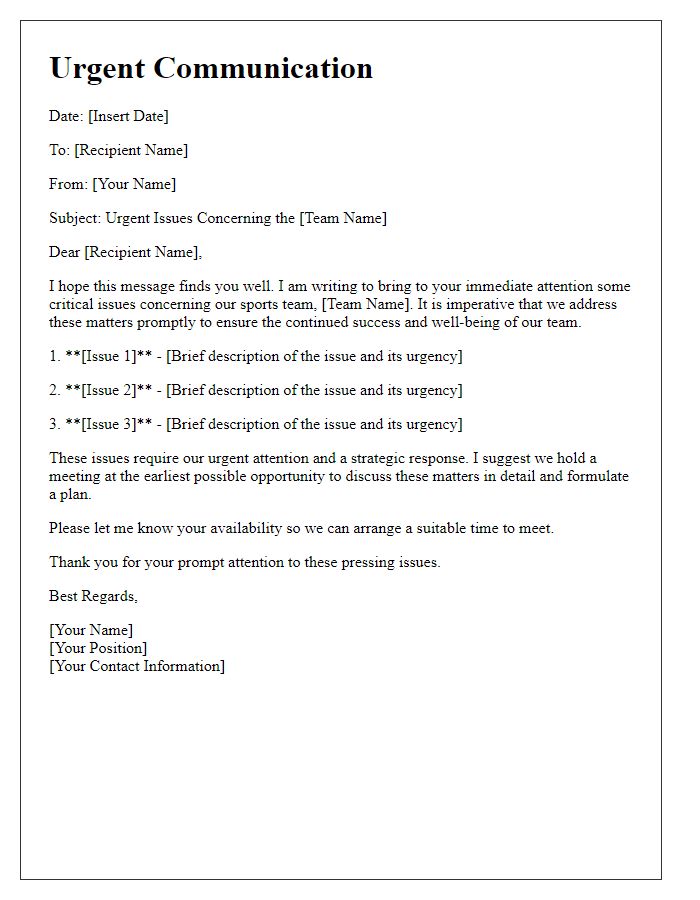 Letter template of urgent communication for sports team issues