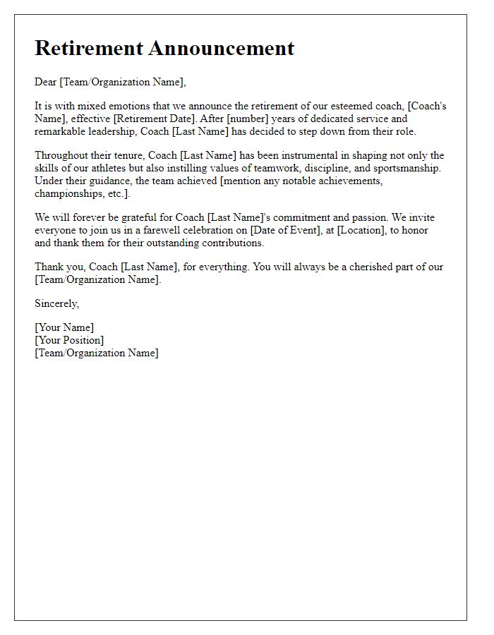 Letter template of sports team retirement announcement for a coach.