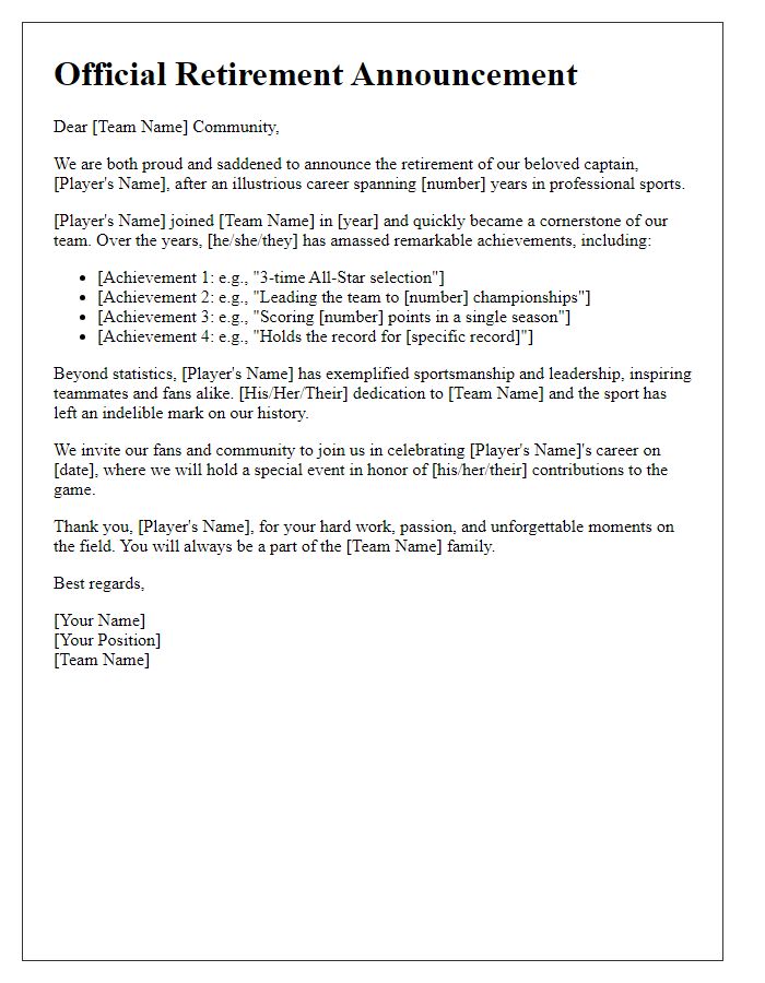 Letter template of sports team retirement announcement focusing on career achievements.