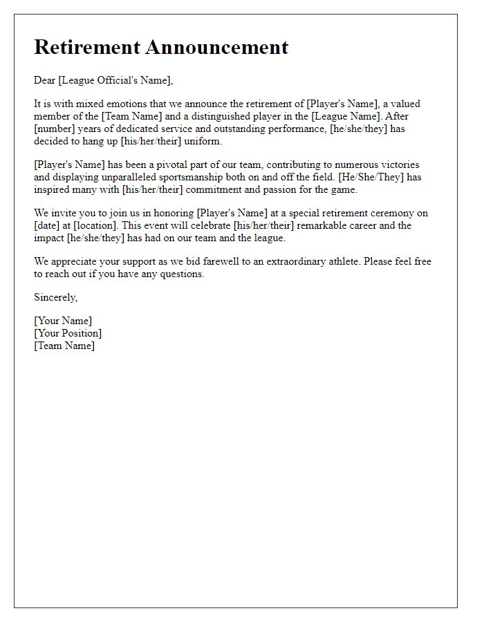 Letter template of sports team retirement announcement for a league official.