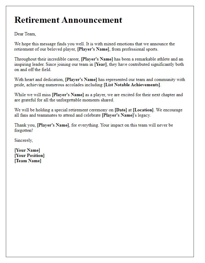 Letter template of sports team retirement announcement for a player.