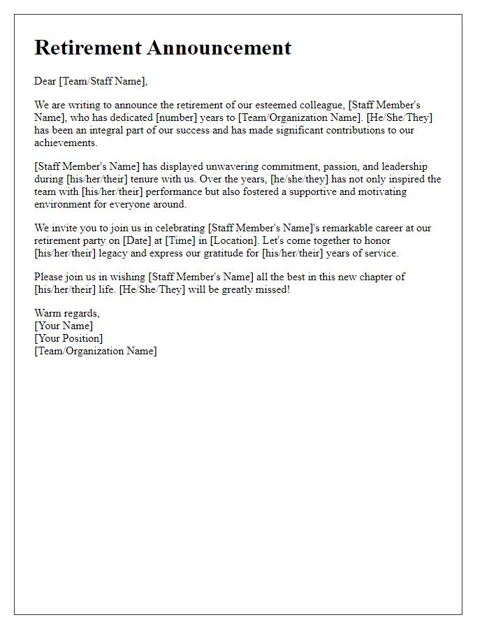 Letter template of sports team retirement announcement for a staff member.