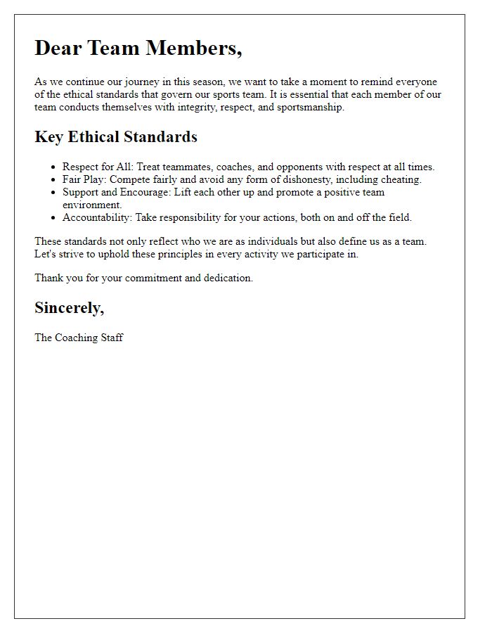 Letter template of sports team ethical standards reminder