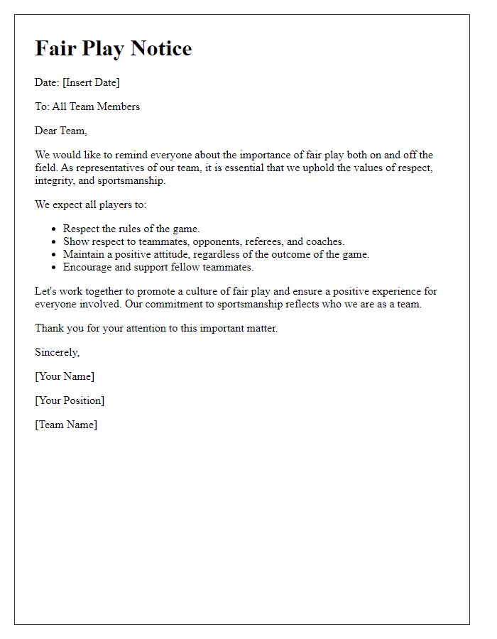 Letter template of sports team fair play notice