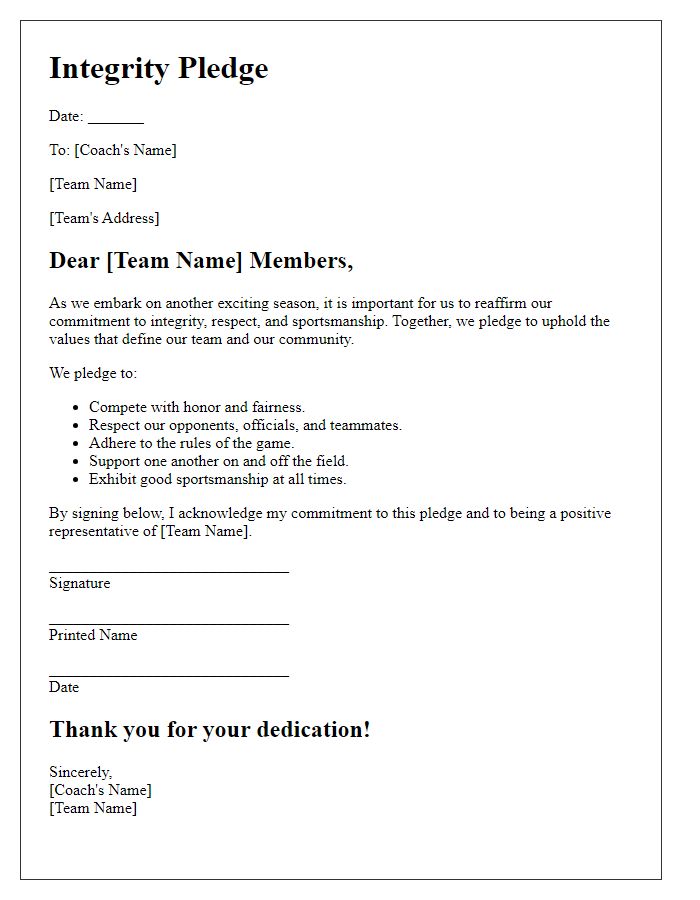 Letter template of sports team integrity pledge