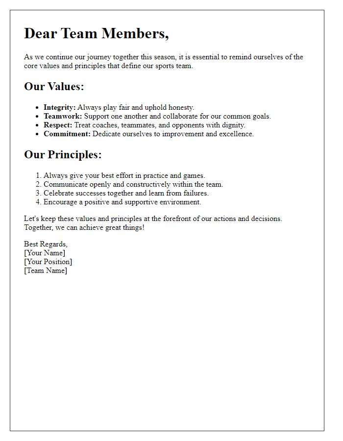 Letter template of sports team values and principles reminder