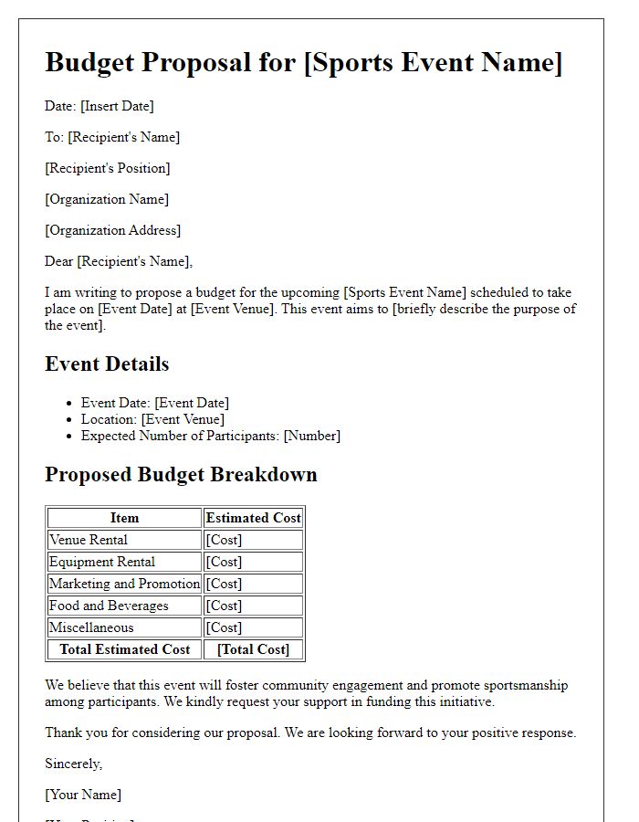 Letter template of sports event budget proposal