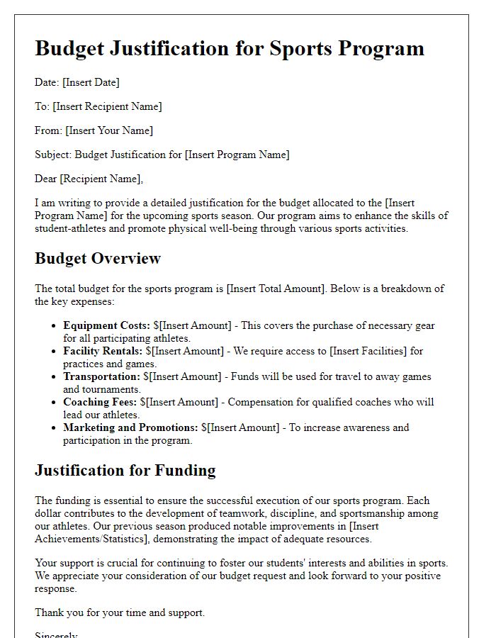 Letter template of sports program budget justification