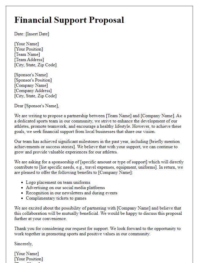 Letter template of sports team financial support proposal