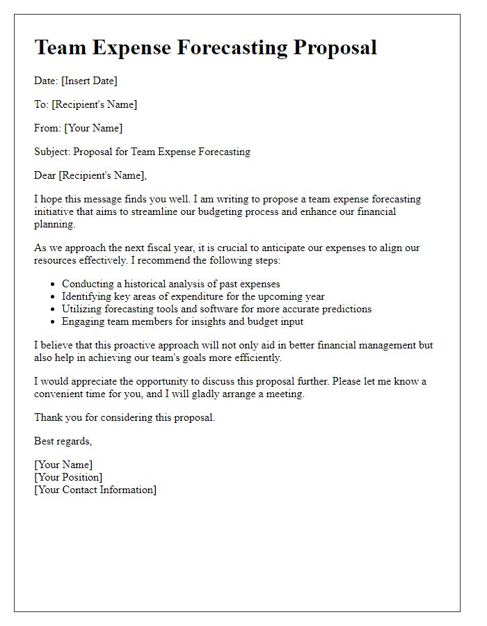 Letter template of team expense forecasting proposal