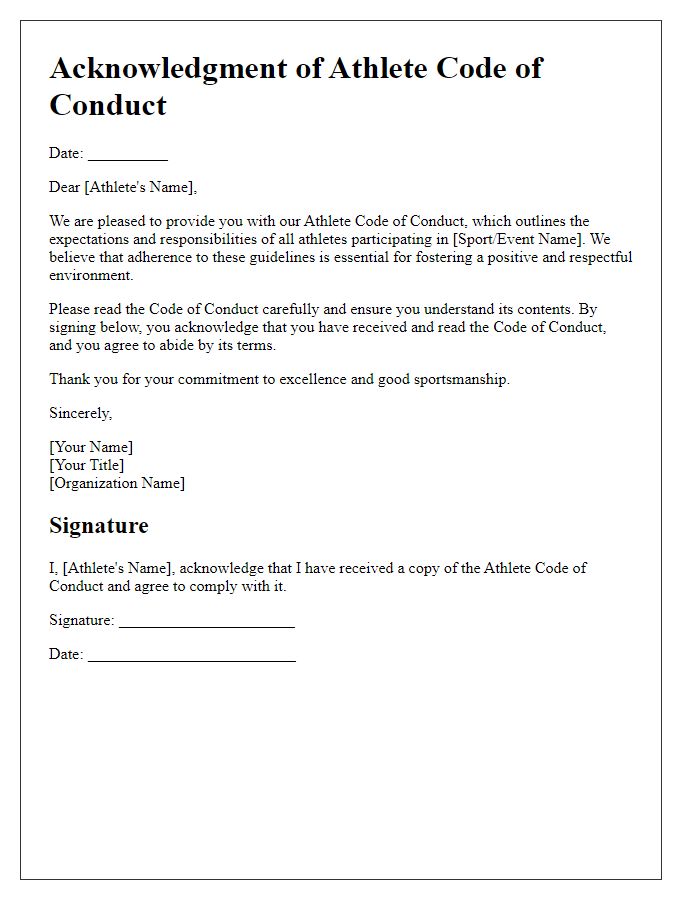 Letter template of athlete code of conduct acknowledgment