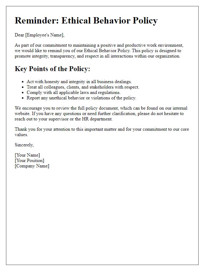 Letter template of ethical behavior policy reminder