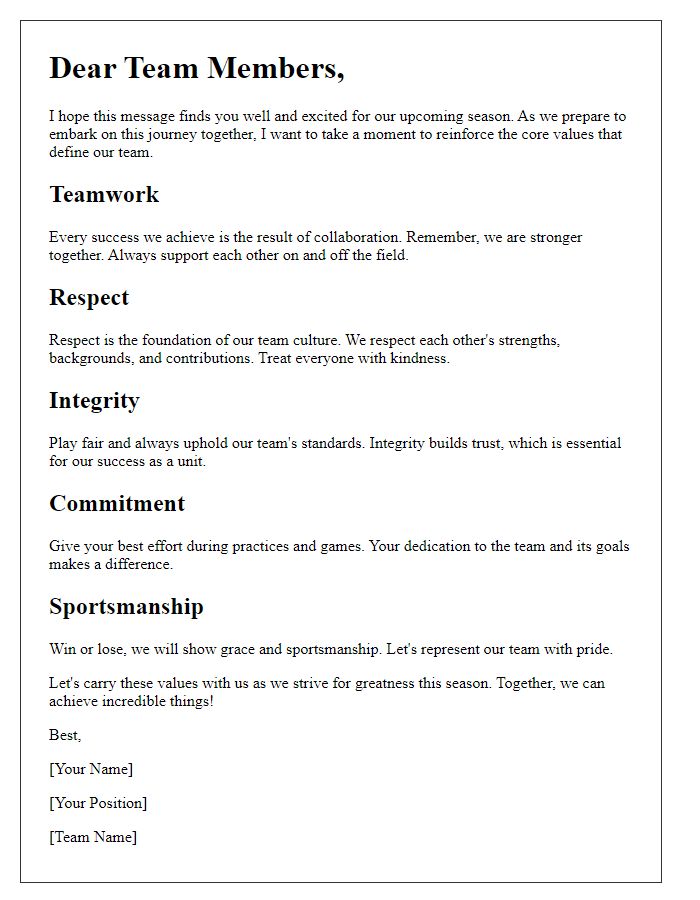 Letter template of sports team values reinforcement