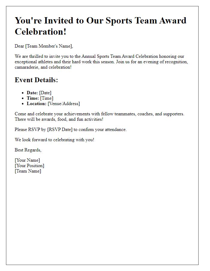 Letter template of sports team award celebration