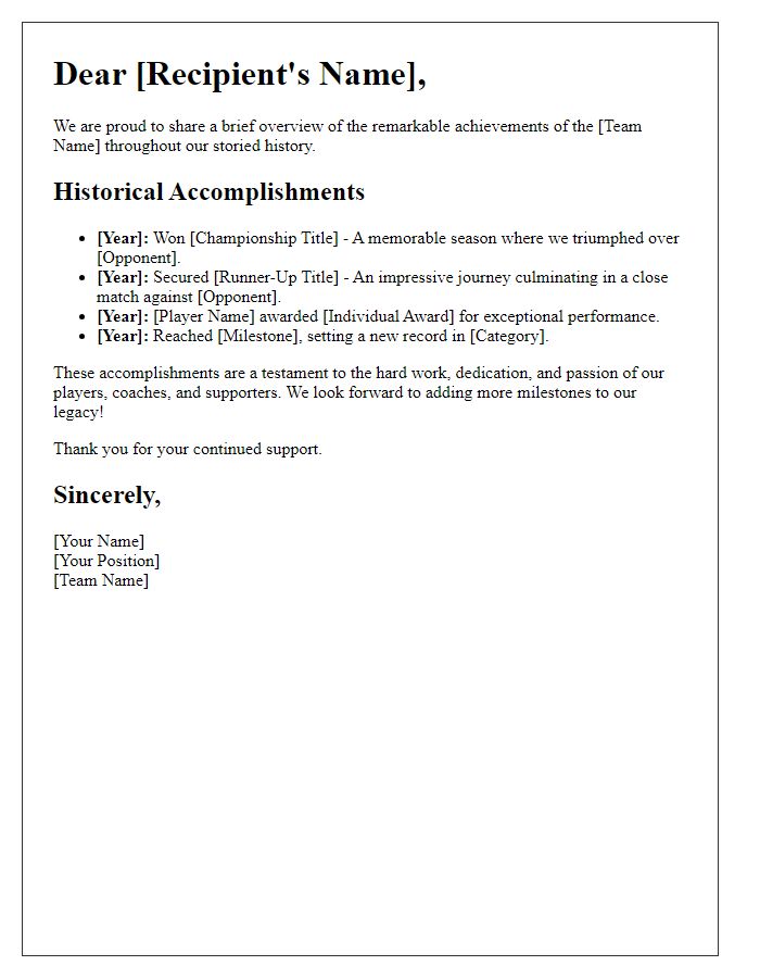 Letter template of sports team historical accomplishments